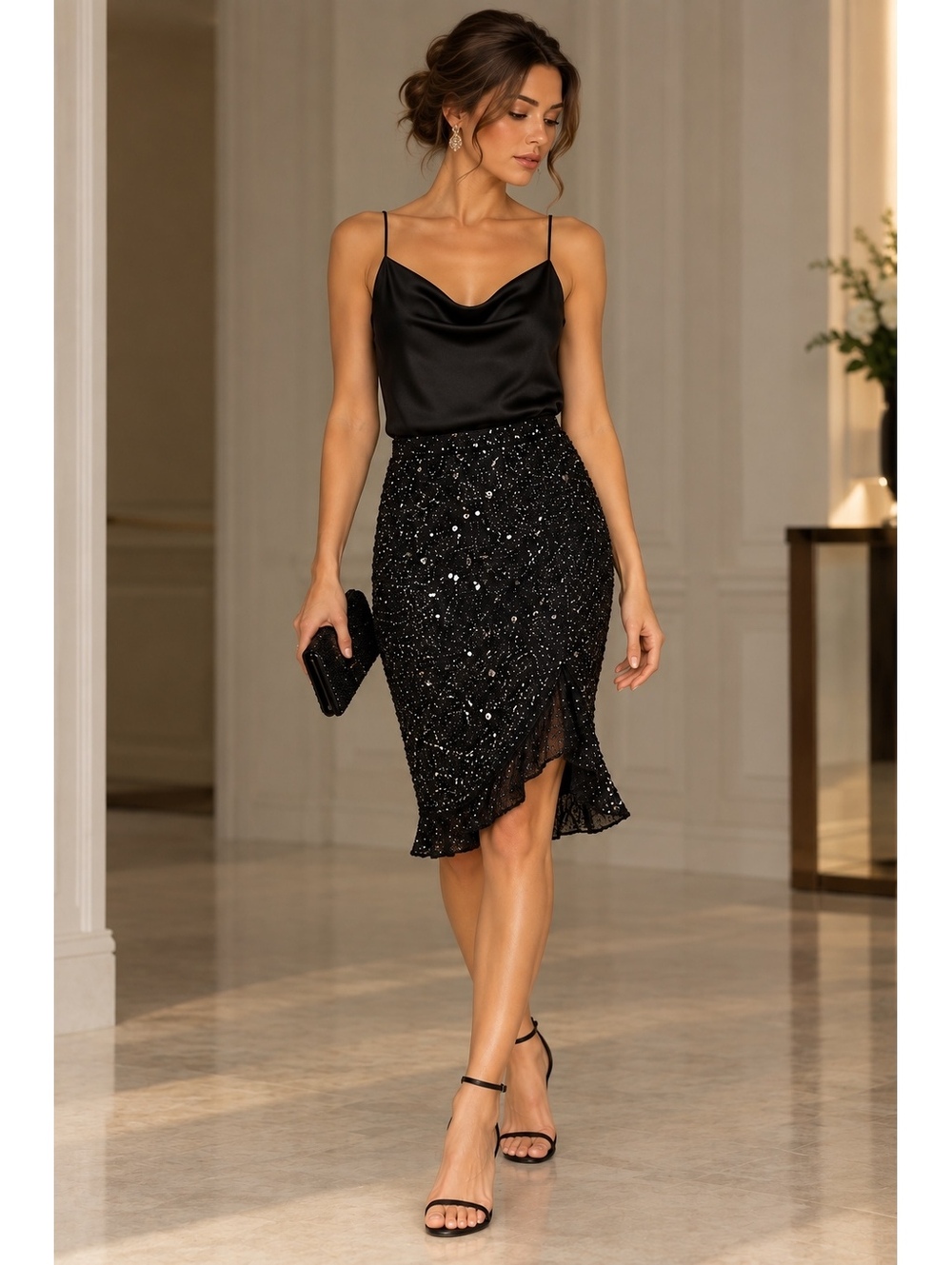 VTG SCALA Womens L 100% Silk Black Beaded Sequin Evening Cocktail Skirt Y2K